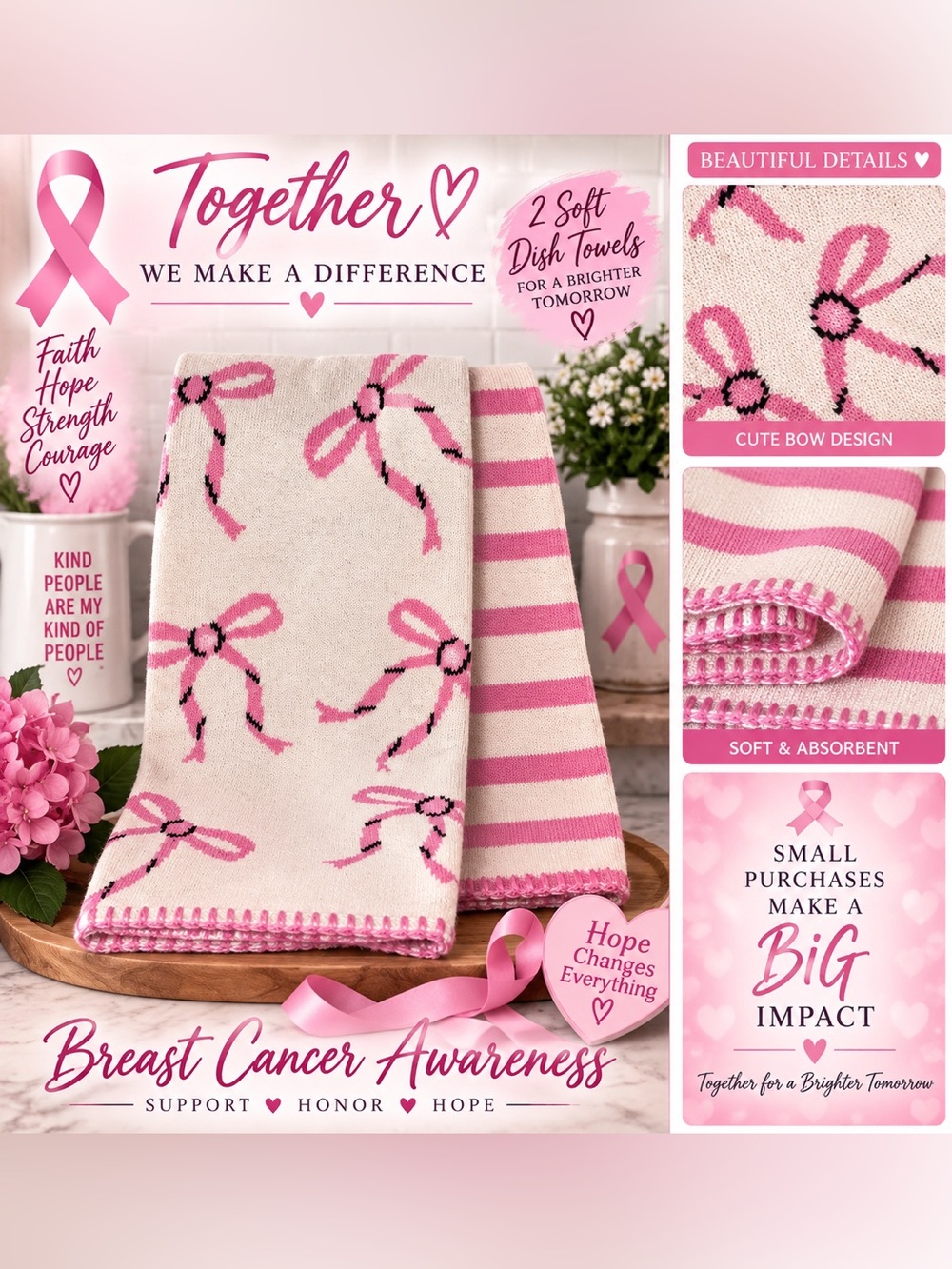 Breast Cancer Awareness Pink Ribbon Dish Towels - Set of 2